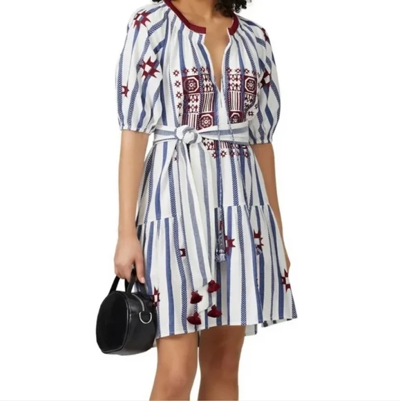 Figue Bria Cotton Tassel Boho Mini Dress Sz S Blue White Burgundy - Picture 3 of 16